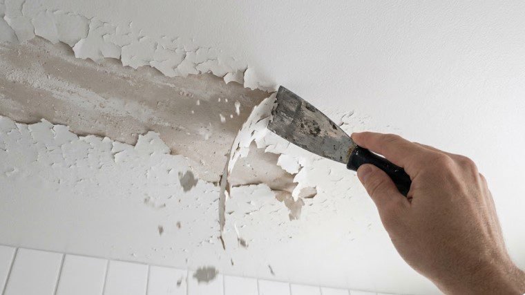 Scraper lifting long strips of loose peeling paint from a bathroom ceiling