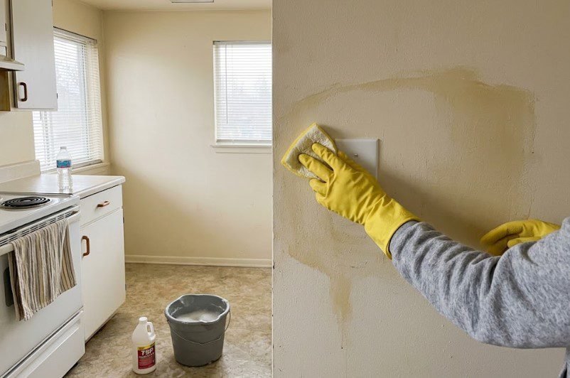 painter washing interior walls with detergent before painting a home
